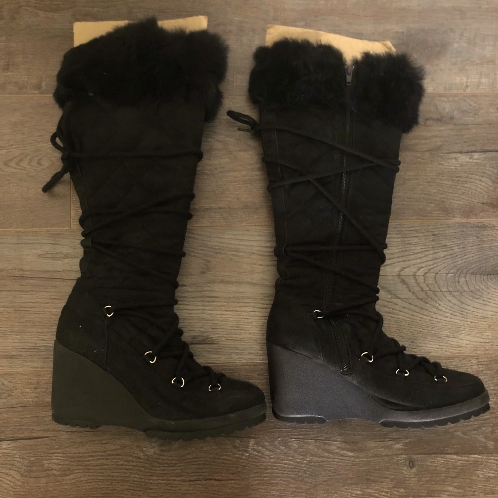 Black fur high boot wedge